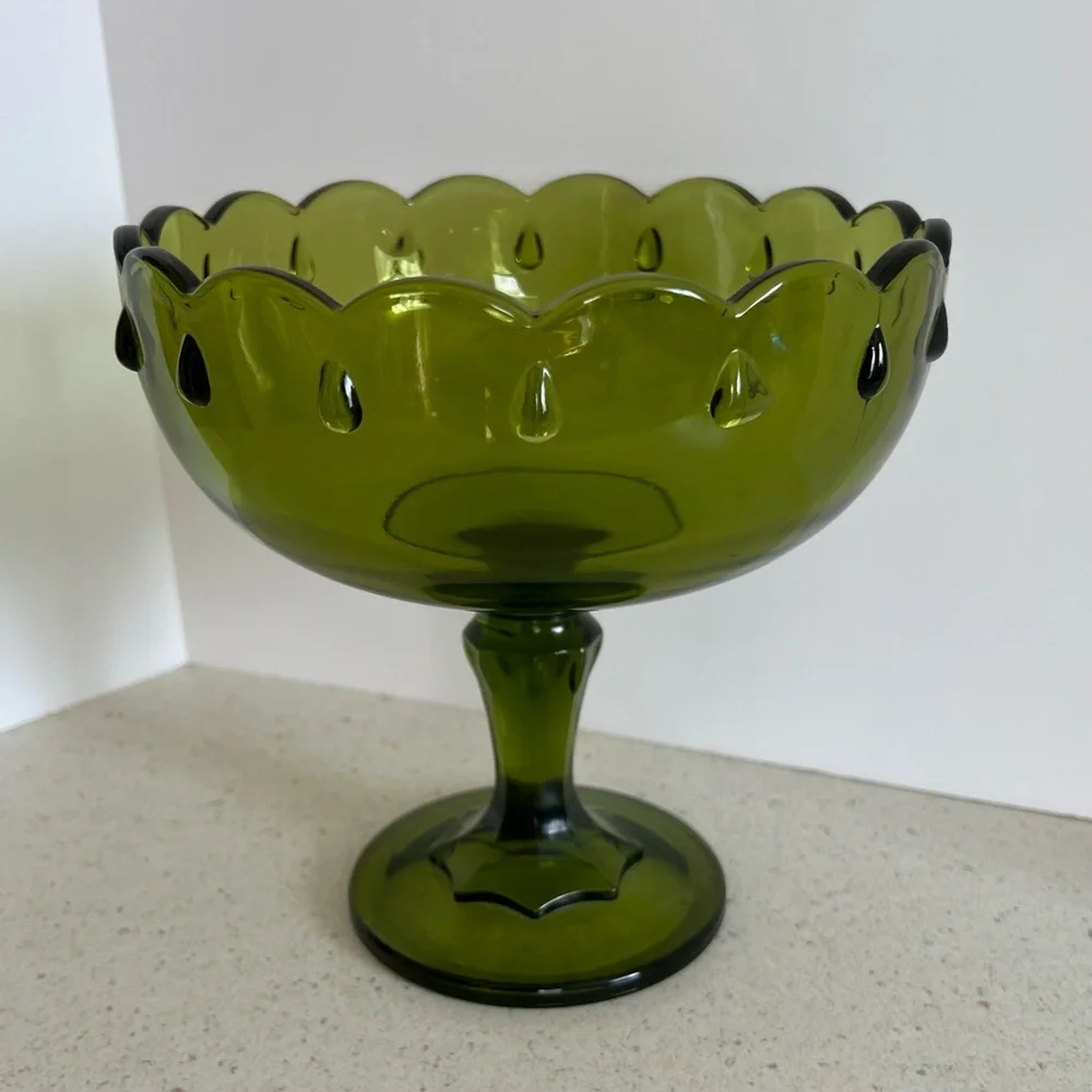 Vintage Pedestal Olive Green Indiana Glass Compote Candy Dish Bowl 7.5” X 7.5”